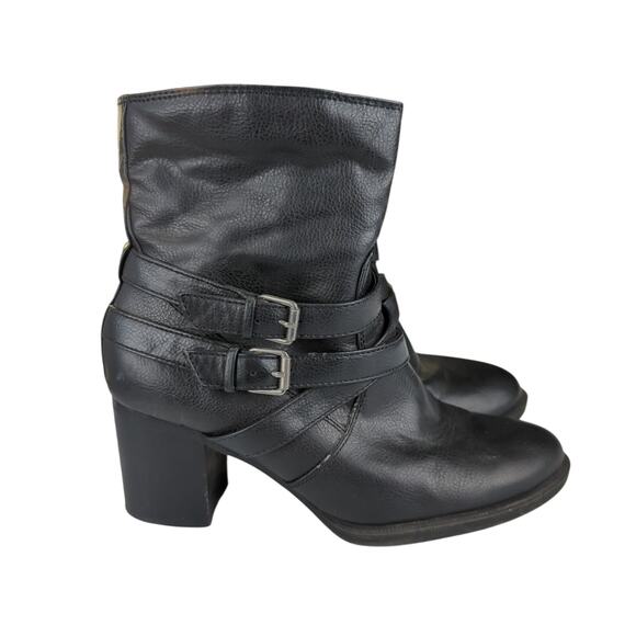 Bass Gilly Black Faux Leather Ankle Booties Double Buckle Block Heel Women's 8.5 - Picture 1 of 8